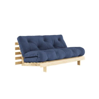 Canapé convertible ROOTS en pin massif naturel avec matelas futon bleu 160x200