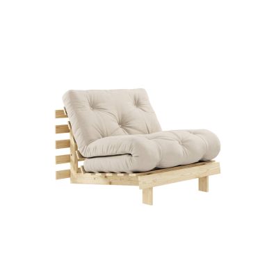 Canapé convertible ROOTS en pin massif naturel avec matelas futon beige 90x200