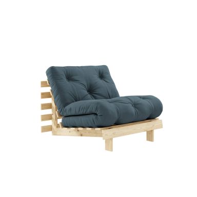 Canapé convertible ROOTS en pin massif naturel avec matelas futon bleu canard 90x200