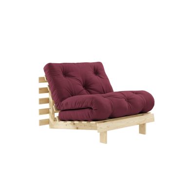 Canapé convertible ROOTS en pin massif naturel avec matelas futon bordeaux 90x200