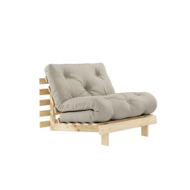 Canapé convertible ROOTS en pin massif naturel avec matelas futon lin 90x200