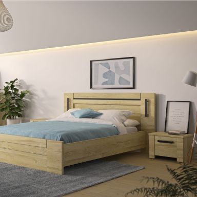 Lit led sensitive 140x190 avec 2 chevets en bois clair - LT5082