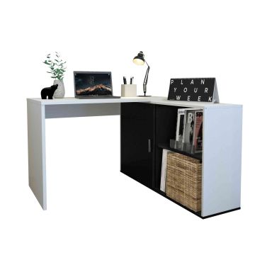 Bureau d'angle 1 porte et 2 niches de rangement en bois blanc et noir - BU13033-2