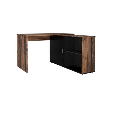 Bureau d'angle 1 porte coulissante et niches de rangement en bois old style foncé et noir - BU13033-4