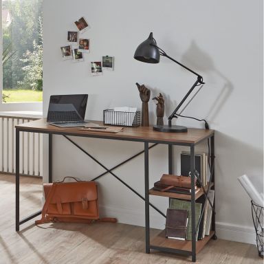 Bureau 2 niches en bois foncé et en métal noir laqué